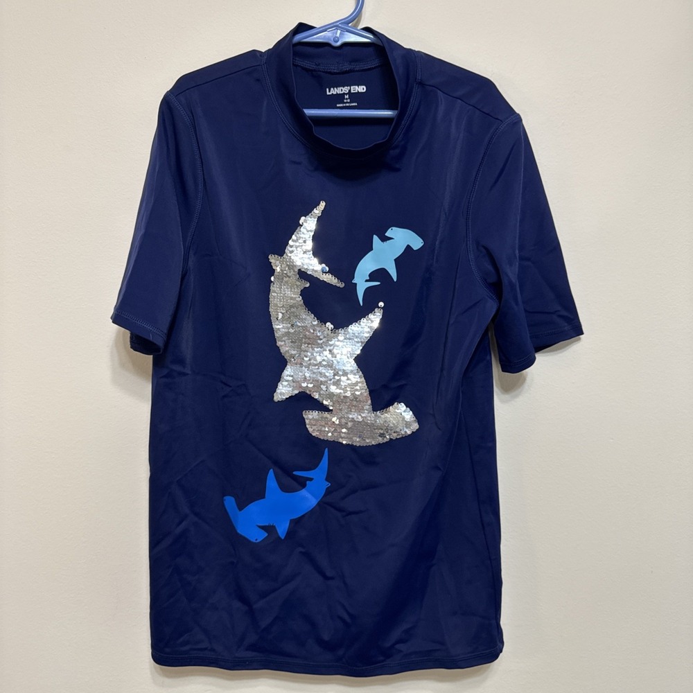 Lands Ends Kids M (10-12) Sequin Shark Swim Rash Guard Shirt EUC